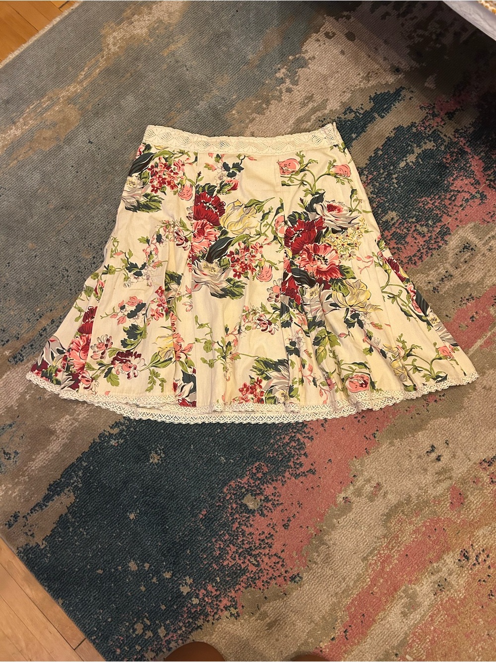 CAbi Cream Floral Midi Skirt with Lace Hem